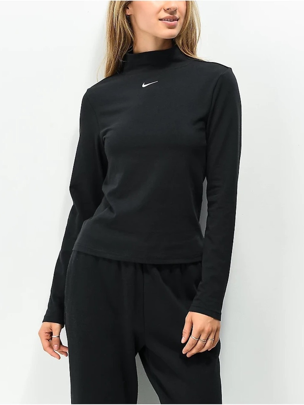 Nike Black Women's Long-Sleeve Mock Neck Top with White Swoosh